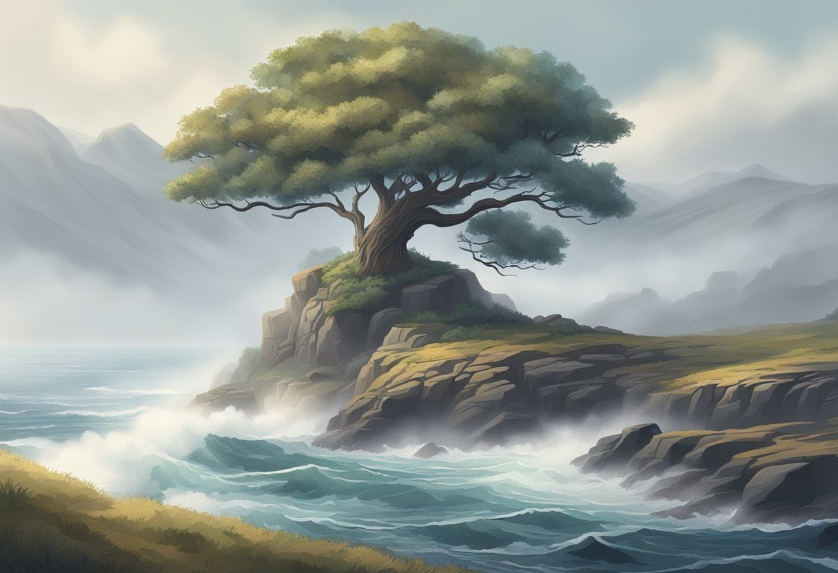 A rugged coastline with a solitary oak tree overlooking a rocky island shrouded in mist, with waves crashing against its shores