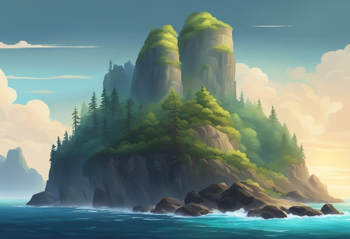A rugged coastline with a rocky beach, surrounded by dense forest and tall cliffs. A mysterious aura hangs over the island, hinting at hidden secrets waiting to be uncovered