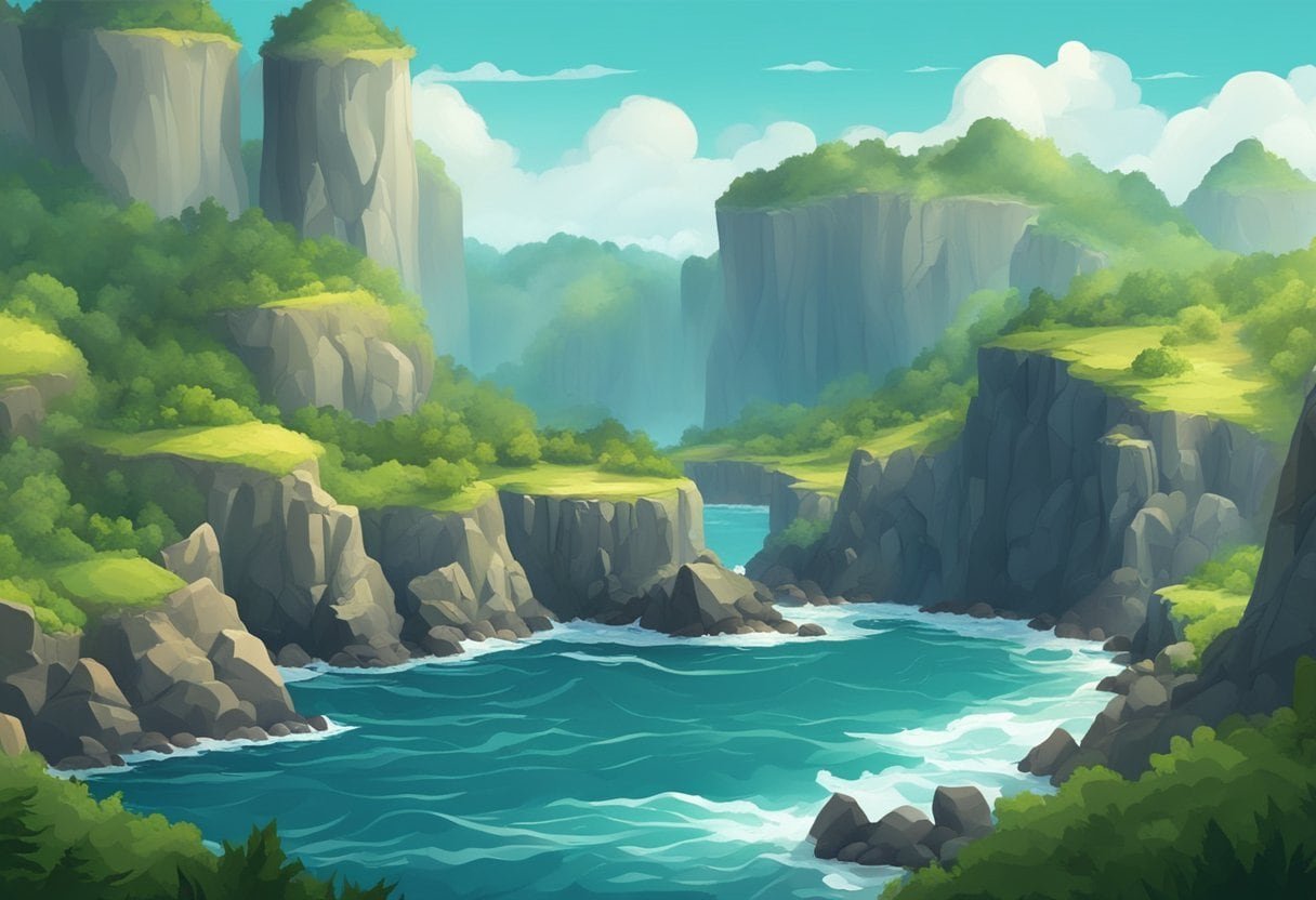 A rugged coastline with cliffs, caves, and dense forest. A mysterious island surrounded by turbulent waters and hidden tunnels