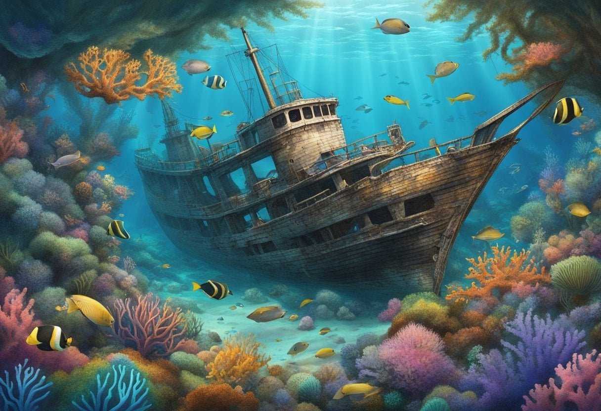 A shipwreck lies submerged off the coast of Florida, surrounded by colorful coral and teeming marine life