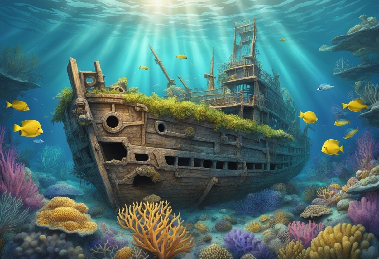 A sunken ship lies among coral and treasure off the Florida coast