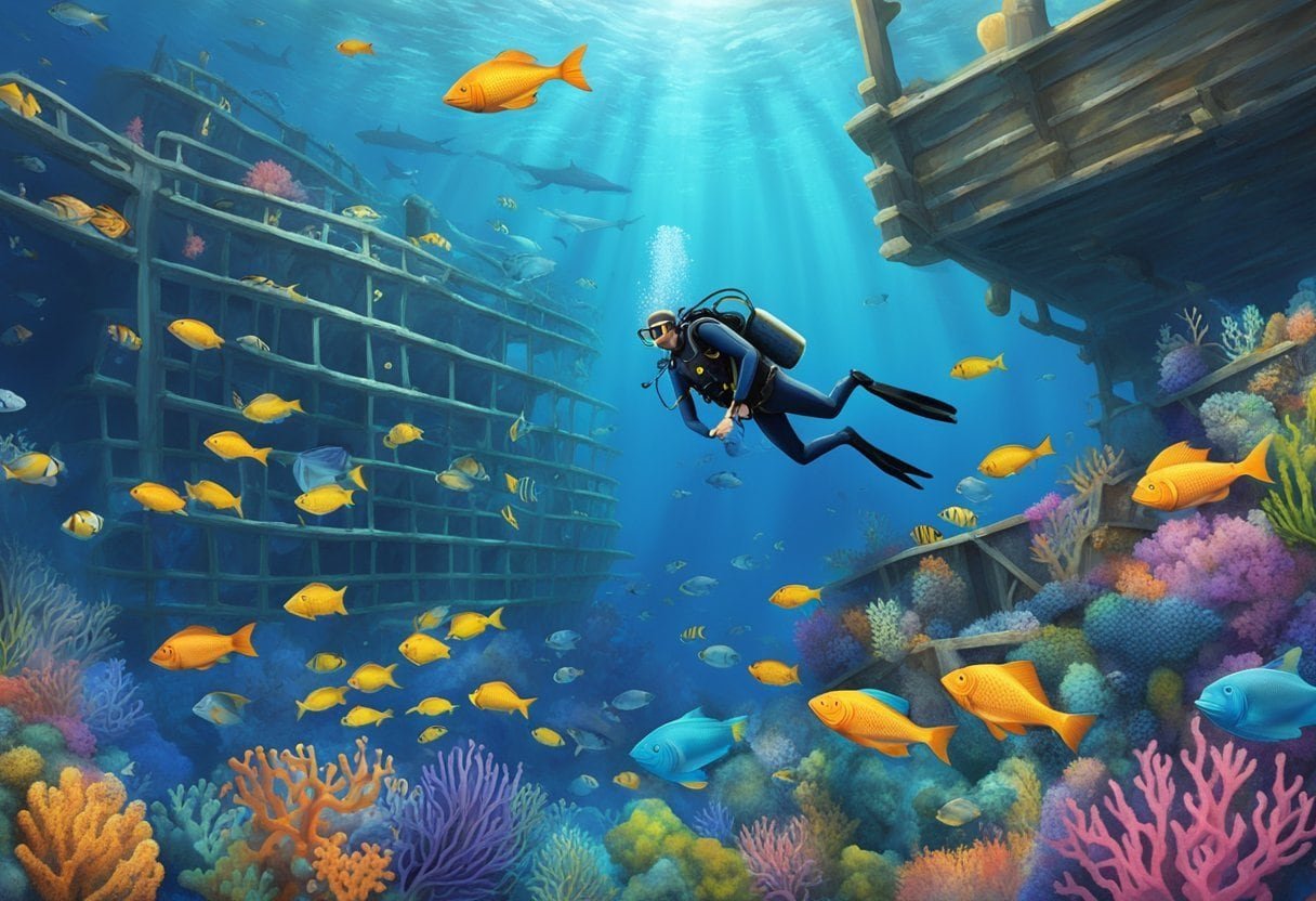 A diver explores a sunken shipwreck off the Florida coast, surrounded by schools of colorful fish and vibrant coral reefs