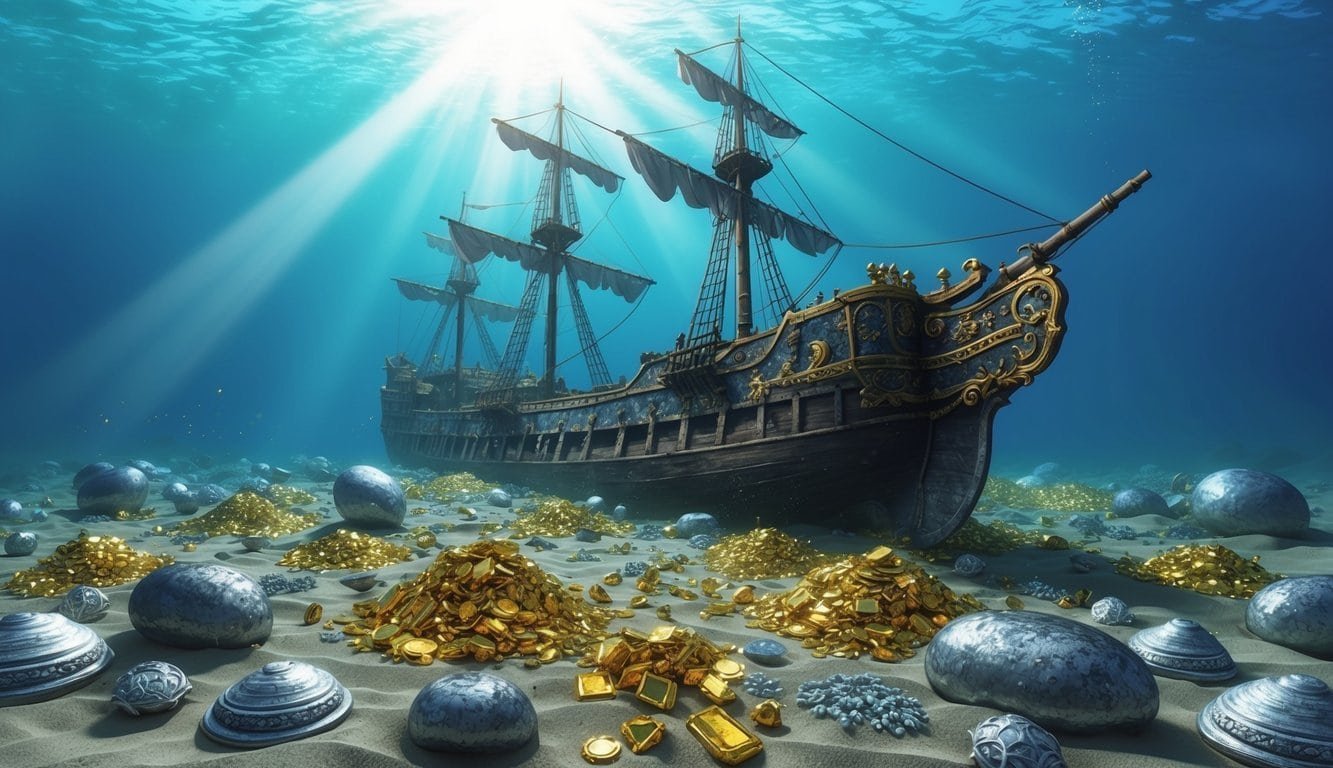 The Flor de Mar shipwreck lies at the bottom of the ocean, surrounded by treasures of gold, silver, and jewels. The sun's rays illuminate the riches scattered across the ocean floor