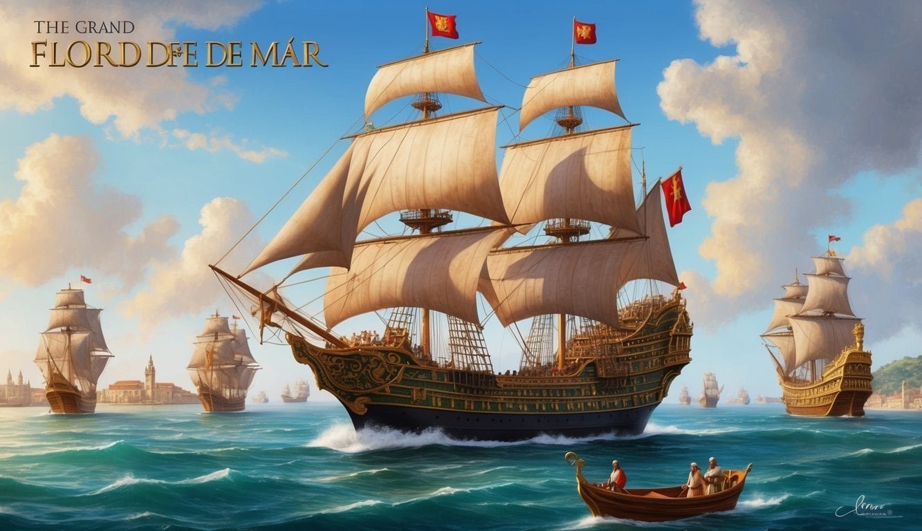 The grand flor de mar ship sailing through exotic ports with treasures from the Portuguese Empire