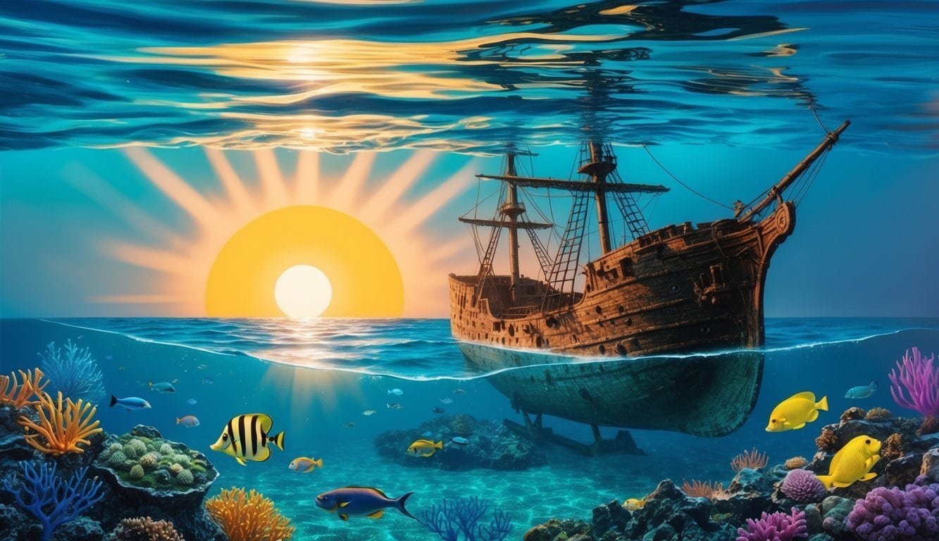 The sun sets over the glistening waters, casting a warm glow on the ancient shipwreck resting on the ocean floor, surrounded by vibrant marine life