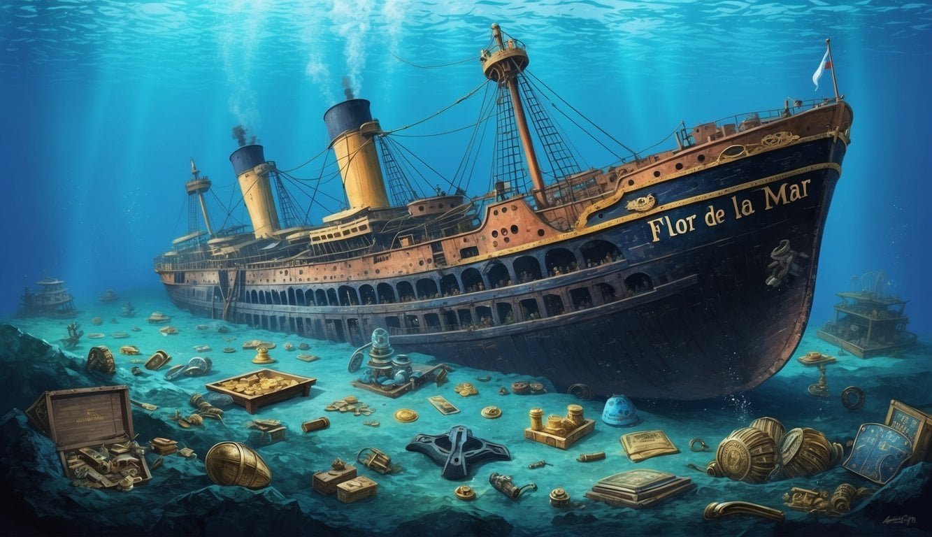 The Flor de la Mar shipwreck lies at the bottom of the ocean, surrounded by treasure and artifacts, symbolizing the impact of maritime history on modern culture