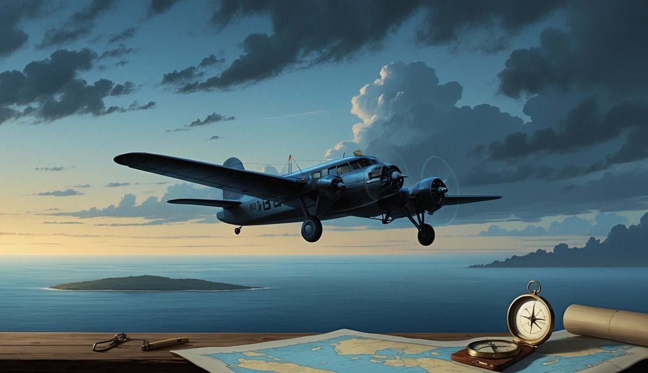 An airplane flying over a vast ocean at dusk with a distant island visible through mist, alongside a compass and map on a wooden surface.