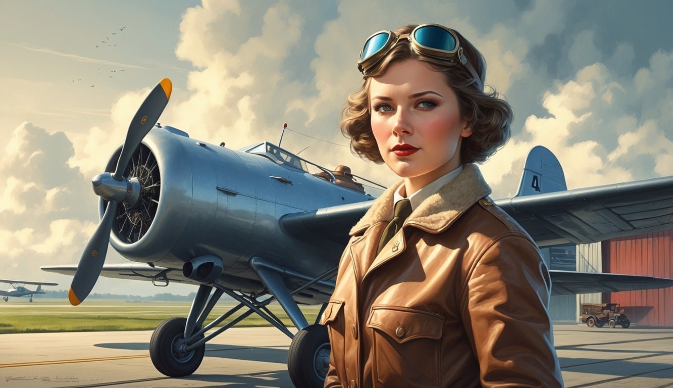 A young Amelia Earhart standing beside her airplane on a runway, wearing a leather flight jacket and goggles, with a cloudy sky and vintage aviation elements in the background.