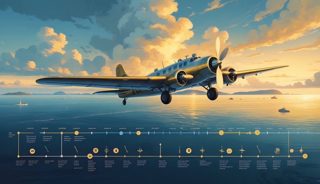 A vintage airplane flying over the ocean at sunset with a timeline of key events faintly shown below and islands and ships in the distance.