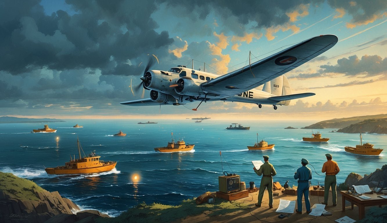 Rescue ships and boats searching the ocean near a vintage airplane flying overhead, with rescuers coordinating on a nearby island shore.