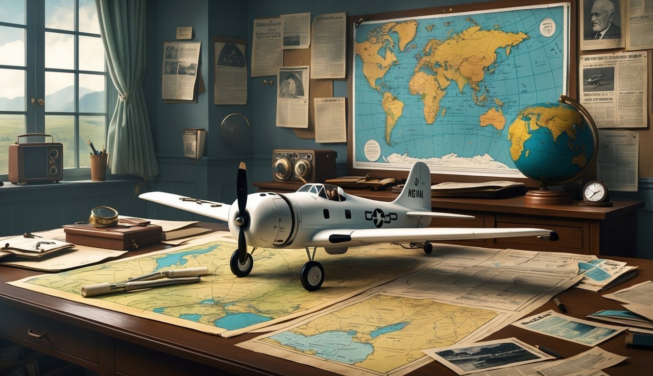 An investigation room with maps, photographs, notes, and a model airplane related to Amelia Earhart's disappearance.