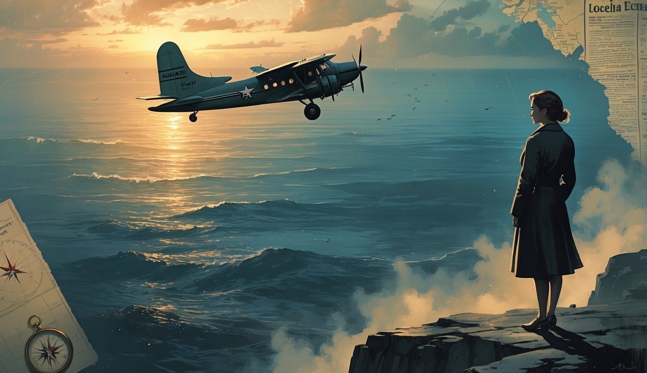 A woman stands on a cliff overlooking an ocean at sunset with a vintage airplane flying above and faint images of maps and navigational tools in the sky.