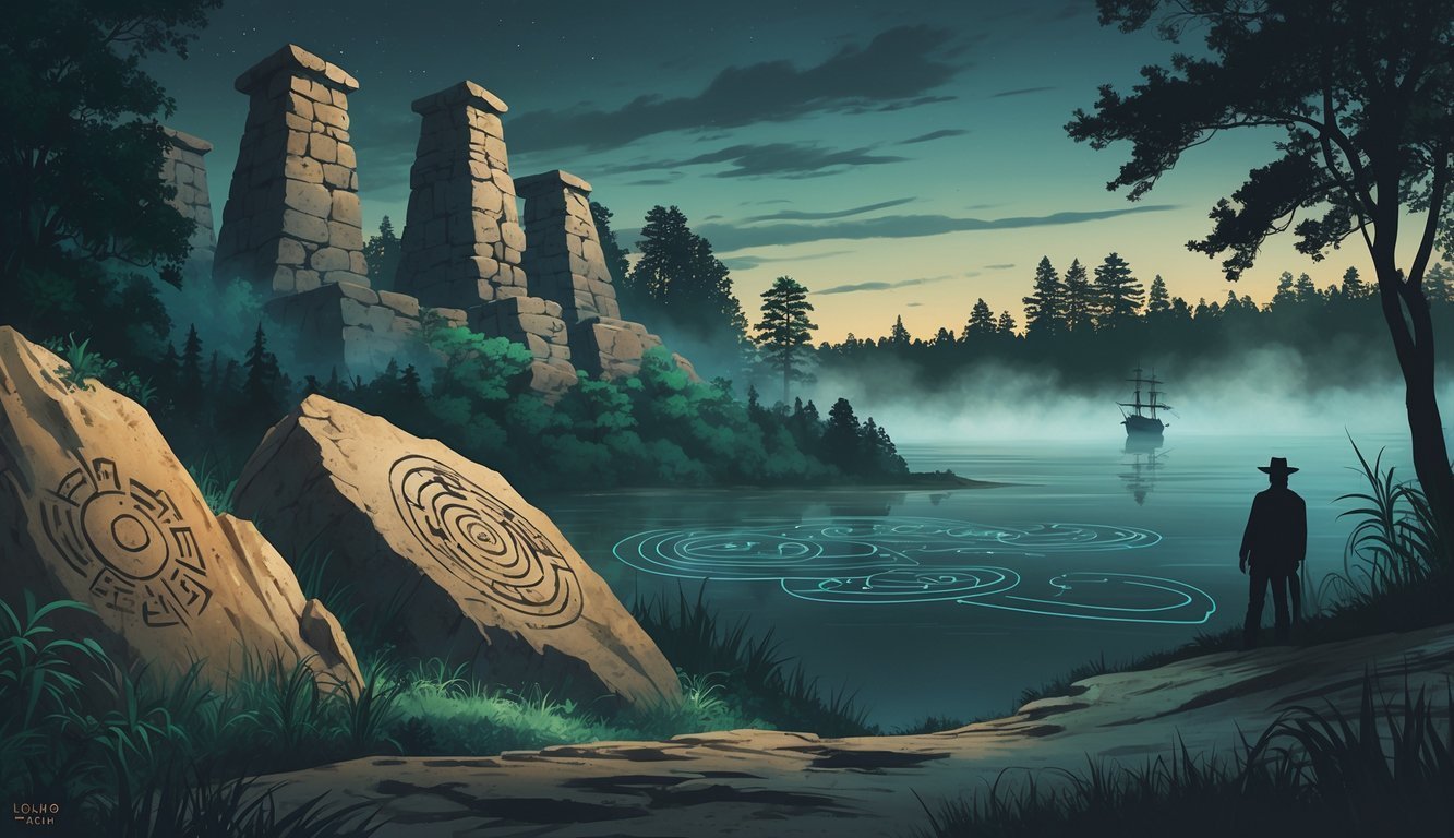 A collage showing ancient stone mounds, Native American petroglyphs, a ghostly ship in foggy waters, mysterious desert geoglyphs, and a shadowy figure representing lost settlers, all set in a twilight North American landscape.