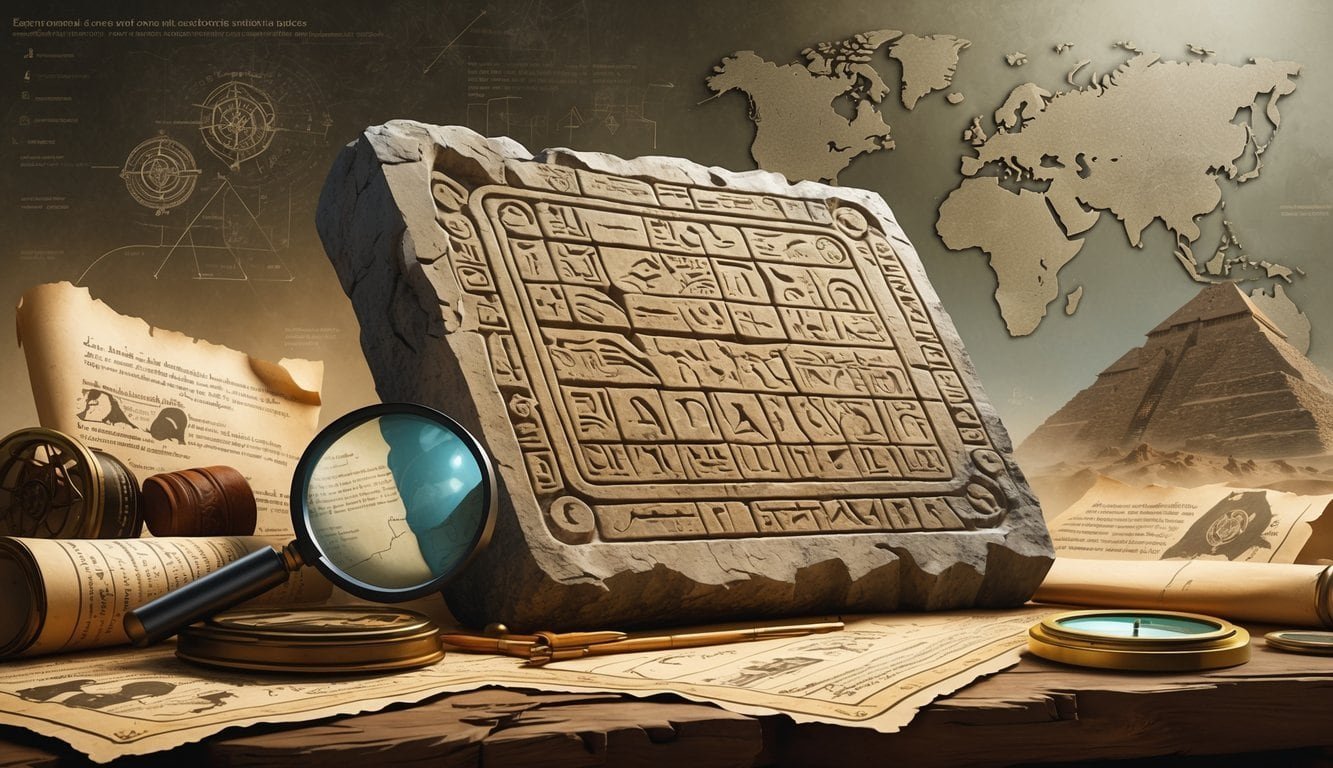 A scene showing an ancient stone tablet with mysterious symbols, surrounded by old scrolls, a magnifying glass, and a compass on a wooden table, with faint outlines of North American landmarks in the background.